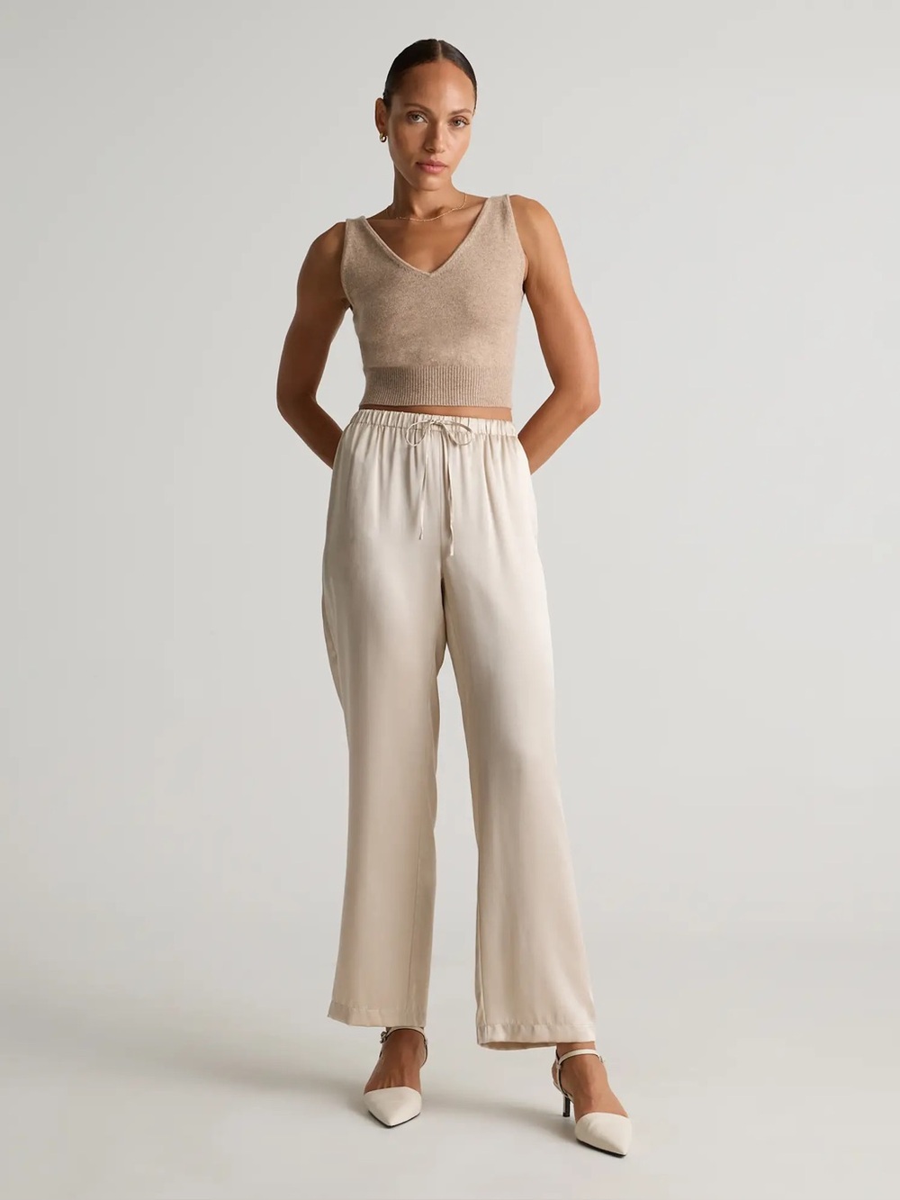 QUINCE 100% WASHABLE SILK DRAWSTRING WIDE LEG PANTS IN CHAMPAGNE - Picture 12 of 12
